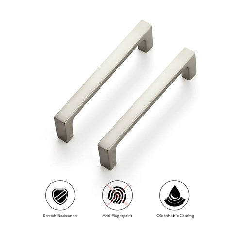 Two 25 Pack Solid 3-3/4 Inch Kitchen Square Cabinet Handles Brushed Nickel Drawer Pulls with durability features icons.