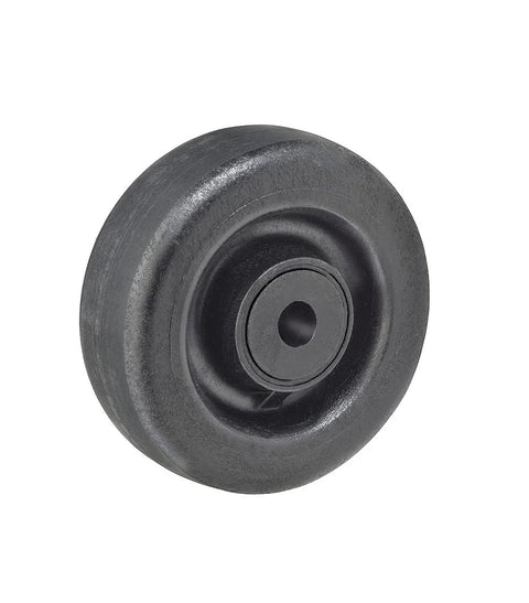 Bakery oven rack caster wheel, 4 in x 1-3/8 in, high-temperature, heavy-duty, black, close-up view