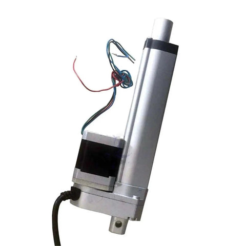 Heavy Duty Nema 17 Linear Actuator System Featuring Slick Telescopic Rod Extension For No Sweat Automated Motion Control With 900N Hard Push Capacity 200Mm Stroke Length side view of motorized actuator with wires.