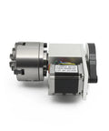 Pro Level Cnc Rotary Table Fourth Axis Rig Equipped With Nema23 Motor And Driver Plus 100Mm Four Jaw Chuck And 65Mm Mt2 Tailstock, showing the NEMA23 stepper motor with 4-jaw chuck.