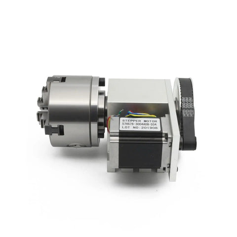 Pro Level Cnc Rotary Table Fourth Axis Rig Equipped With Nema23 Motor And Driver Plus 100Mm Four Jaw Chuck And 65Mm Mt2 Tailstock, showing the NEMA23 stepper motor with 4-jaw chuck.
