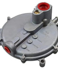 Front view of gray metal low-pressure natural gas regulator with red inlet/outlet ports for IMPCO C-039-122