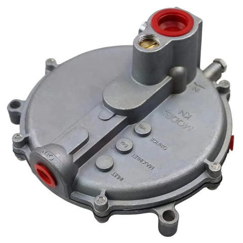 Front view of gray metal low-pressure natural gas regulator with red inlet/outlet ports for IMPCO C-039-122