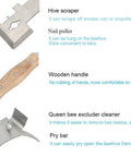 All-In-One Beekeeping Steel Hive Tool With Wooden Handle, 7 Functions Including Scraper, J Hook, Frame Lifter, And More, close-up view