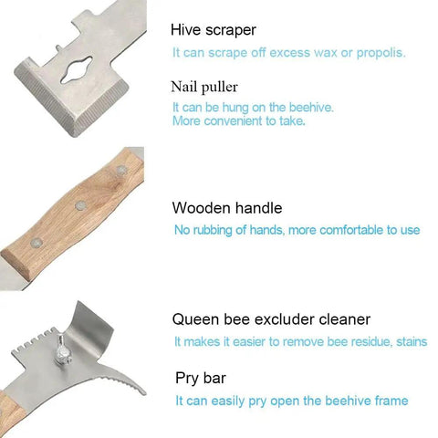 All-In-One Beekeeping Steel Hive Tool With Wooden Handle, 7 Functions Including Scraper, J Hook, Frame Lifter, And More, close-up view