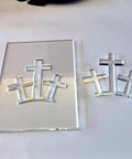 Top Shelf Acrylic Router Template Set Featuring Hella Precise Woodworking Stencils For Holy Week Do It Yourself Crafts Knockout Bunny Cross Egg Church Patterns Reusable Solid Guide Collection showing laser-cut cross templates on clear acrylic.