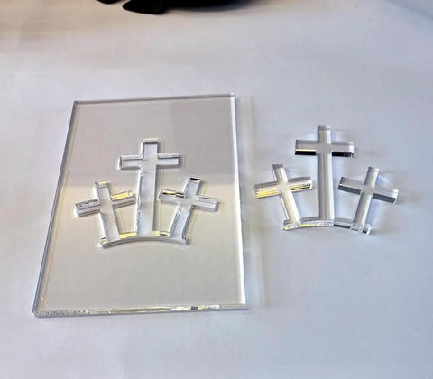 Top Shelf Acrylic Router Template Set Featuring Hella Precise Woodworking Stencils For Holy Week Do It Yourself Crafts Knockout Bunny Cross Egg Church Patterns Reusable Solid Guide Collection showing laser-cut cross templates on clear acrylic.