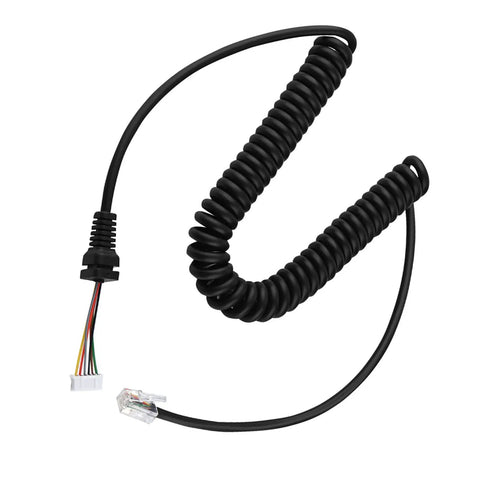Replacement Microphone Cable For Handheld Radios With Heavy Duty Spiral Cord No Fuss Plug And Play, visible coiled wire and connectors.