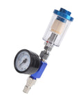 Mini Air Filter Water Separator With Pressure Gauge And Manual Drain One Quarter Inch Line Regulator For Spray Pneumatic Gun Prevents Water And Condensation In Your System Pro Grade Air Filtration For DIY And Shop Use, close-up view