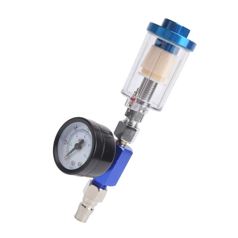 Mini Air Filter Water Separator With Pressure Gauge And Manual Drain One Quarter Inch Line Regulator For Spray Pneumatic Gun Prevents Water And Condensation In Your System Pro Grade Air Filtration For DIY And Shop Use, close-up view