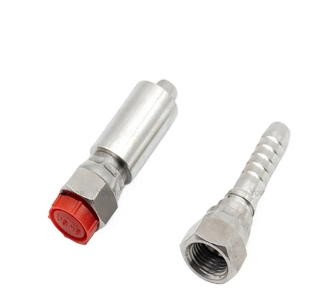 304 Stainless Steel Crimp Fitting Female Thread 74 Degree Cone Hose Adapter Elbow Lock Nut 26711 Thread 38 1 7l8 JIC Beefy Heavy Duty High Quality Pro Grade Hyd Hose Connection, shown with red cap