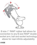 Rock Solid Marine Grade Aluminum Round Plate Ball Base Featuring Classic One Inch B Size Rubber Ball and Plug and Play Compatibility With Universal Four Hole AMPS Mount Brackets For Sweet Phone Mounts showing B size RAM ball connection and adjustability.