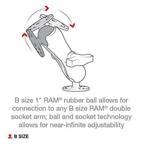 Rock Solid Marine Grade Aluminum Round Plate Ball Base Featuring Classic One Inch B Size Rubber Ball and Plug and Play Compatibility With Universal Four Hole AMPS Mount Brackets For Sweet Phone Mounts showing B size RAM ball connection and adjustability.