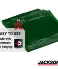 Transparent Welding Curtain For UV And Blue Light Shielding, folded green PVC with grommets visible; easy to hang.