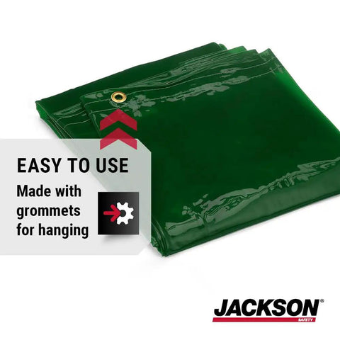 Transparent Welding Curtain For UV And Blue Light Shielding, folded green PVC with grommets visible; easy to hang.