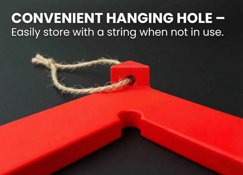 Five-Magnet Laser Honeycomb Bed Alignment Tool With Easy Lift Tab Rock-Solid Neodymium Magnetic Grip For Precise Cut And Engrave Keeps Materials From Shifting During Fast Laser Head Movements 90 Degree Corner Jig shown with hanging hole and string in close-up view