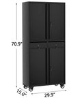 72 Inch Metal Storage Cabinet On Wheels With Locking Doors And Two Drawers, Heavy Duty Rolling Garage Organizer, Front View