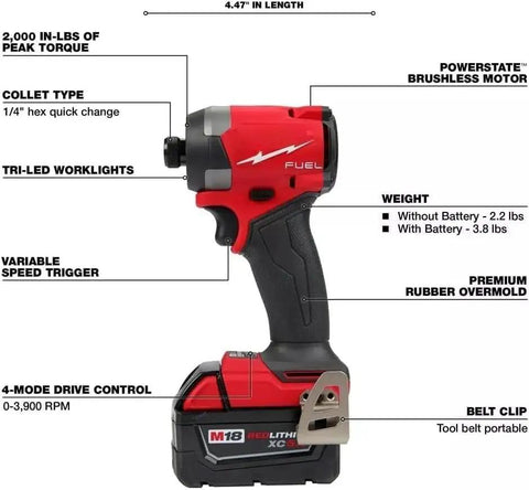 Badass Brushless Hammer Drill and Impact Driver and Pruning Saw Combo Kit Bundle with M18 Batteries shown from side with features.