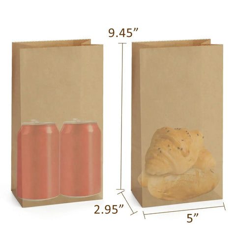 Two brown kraft paper bags showing size capacity with soda cans and croissants, 100 Pack Brown Kraft Paper Lunch Bags With 4lb Capacity, 5 By 2.95 By 9.45 Inches Fold Top Disposable Bags For Lunches, Snacks, Goody Bags, Party Supplies, Bread And More.