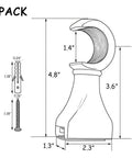 Diagram showing dimensions of Four Pack Wood Curtain Rod Brackets With Return Ends For 1-2/5 Inch Curtain Rods Wall Mount Brown Finish.