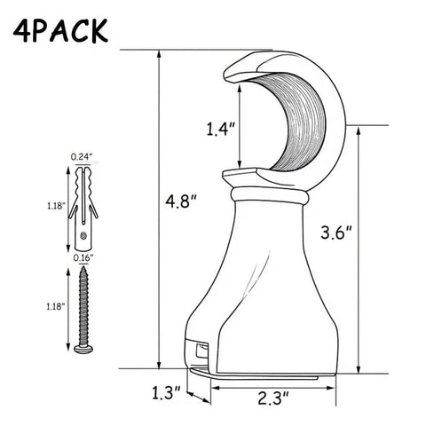 Diagram showing dimensions of Four Pack Wood Curtain Rod Brackets With Return Ends For 1-2/5 Inch Curtain Rods Wall Mount Brown Finish.