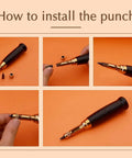 Installation guide for Adjustable Screw Hole Punch Tool With Black Wooden Handle, showcasing interchangeable punch tips and assembly.