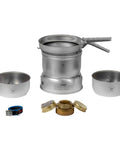 Duossal 2.0 Camping Stove Kit With Stainless Steel Lined Pans, showing compact setup and components for outdoor cooking