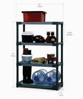 Built Tough 42 Inch Plastic Resin Four Tier Shelving Rack featuring stored items and dimensions for household organization.