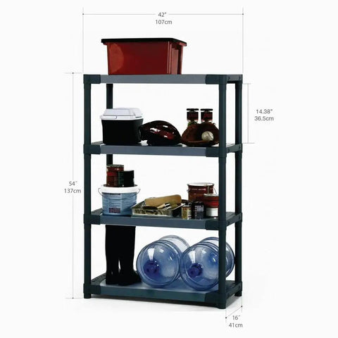 Built Tough 42 Inch Plastic Resin Four Tier Shelving Rack featuring stored items and dimensions for household organization.