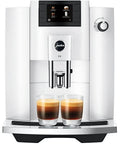 No Sweat Automatic Coffee Maker With Smart Touchscreen And Adjustable Steaming Settings Piano White Finish showing dual espresso shots.