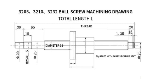 Upgrade Your CNC Setup With This Premium SFU3210 Ball Screw Kit Featuring 45 Inch Shaft And Single Nut End For Smooth Quick Motion Plus High Load Capacity. CNC ball screw machining drawing, 32 mm diameter, BKBF25 bearing seat