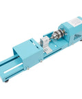 Mini Wood Lathe for Desktop Use with 7 Speed Settings 96W Motor Up to 9000 RPM close-up of blue desktop tool for DIY wood projects.