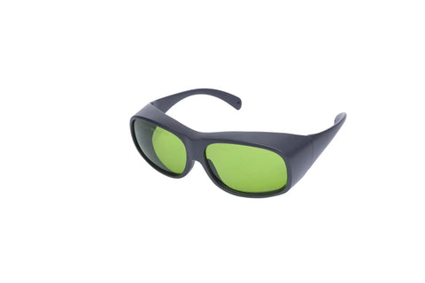 Heavy Duty Laser Engraver Safety Glasses Built Different To Deliver Killer Eye Protection Against 450 Nm Blue Light And 1064 Nm Nd Yag Beams While Meeting Ce En207 Rules - green lenses, black frame, side view.