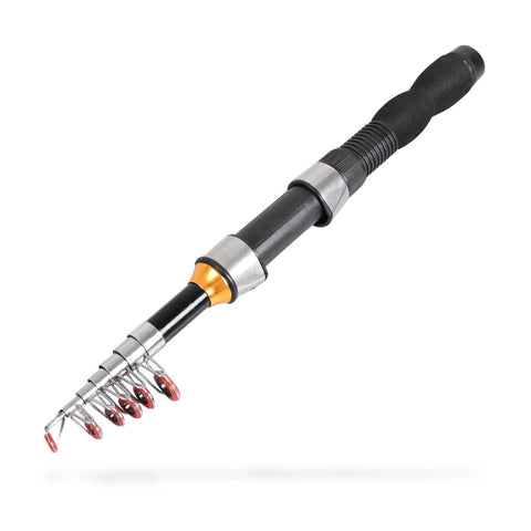 Ultra Lightweight Telescopic Fishing Rod for Saltwater and Freshwater Collapsible and Extendable to Four Point Nine Feet Pocket Friendly Quick Pack Durable Build Perfect for Backpacking Kayak and Everyday Angling shown with EVA grip handle