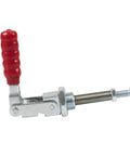 Side view of 20 Piece Pneumatic Hold Down Clamps Set for fixture testing with red handle and elbow clamp mechanism.