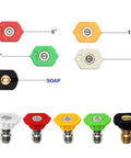 Pressure washer nozzle tip set with five tips (0°,15°,25°,40°,65°) and soap nozzle; 1/4 inch quick connect