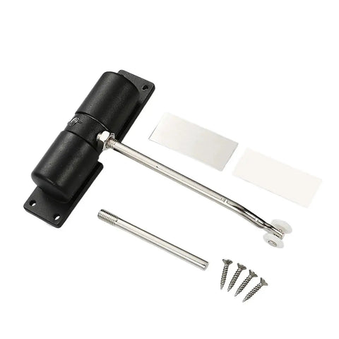 Go-To Metal Spring Closer Aluminum Alloy Rebound Door Stopper For White Doors shown with installation parts