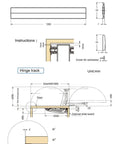 Technical drawing of Smooth And Sleek Cabinet System Door With Lateral Hinge details, connector bar, and hinge track dimensions.