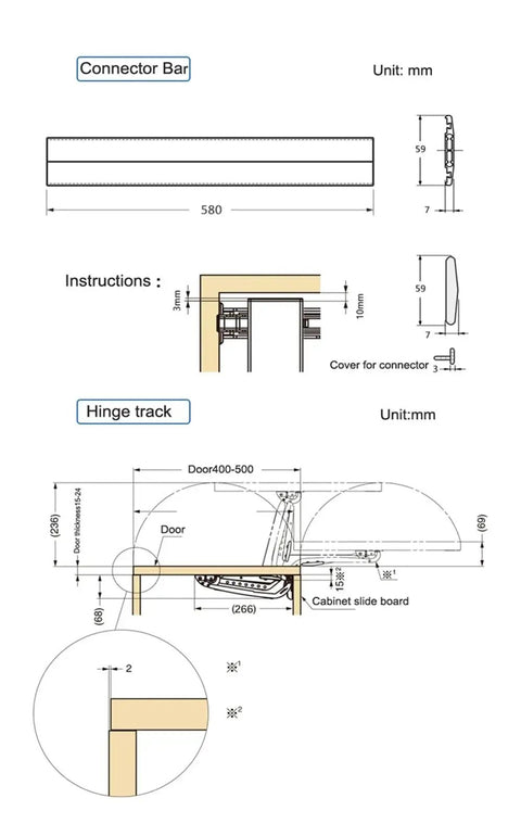 Technical drawing of Smooth And Sleek Cabinet System Door With Lateral Hinge details, connector bar, and hinge track dimensions.