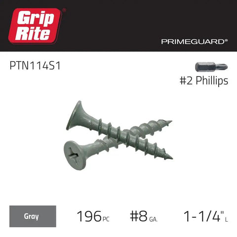 Heavy Duty Exterior Deck Screws For Pressure Treated Lumber Phillips Bugle Head Coarse Thread 1 1/4 In By 9 Gauge in gray color.