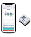 Wi-Fi Vibration and Motion Sensor with 6-Axis IMU, shown with smartphone app displaying real-time data streaming graph and controls