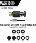 Must-Have Pocket Precision Screwdriver Set 2-Piece Multi-Bit Stubby With Adjustable Length shown with 7 bits and Klein Tools logo