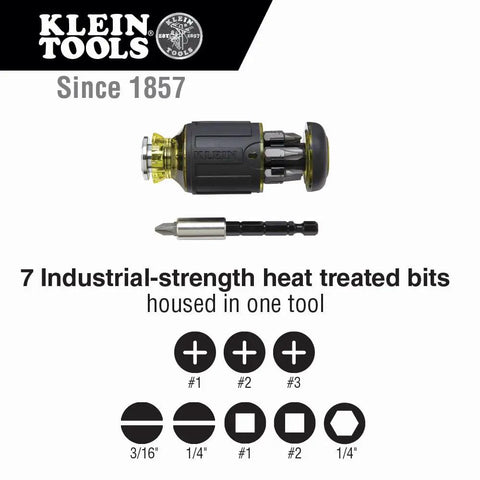 Must-Have Pocket Precision Screwdriver Set 2-Piece Multi-Bit Stubby With Adjustable Length shown with 7 bits and Klein Tools logo