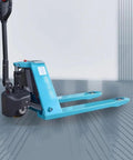 Heavy Duty Electric Pallet Jack With Lithium Powered Forks For Narrow Spaces, 3300 Lb Capacity Folding Handtruck angled view on warehouse floor.