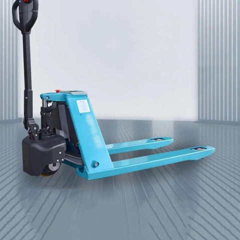 Heavy Duty Electric Pallet Jack With Lithium Powered Forks For Narrow Spaces, 3300 Lb Capacity Folding Handtruck angled view on warehouse floor.