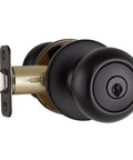 Close-up of Keyed Entry Door Knob in Matte Black with Anti Bump Technology Reversible Design Fits One and Three Eighths to One and Three Quarters Inch Doors
