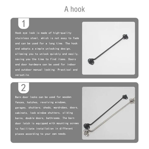 SCRFFCQPC Stainless Steel Heavy Duty Hook and Eye Latch for Gate Barn Door, showing a durable hook design for easy locking.