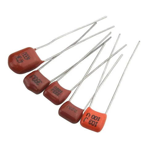 Metallized Polypropylene Film Capacitors Assortment Kit, 100 Pieces, 10 Values From 10nF To 474nF, 100V Rating in red CBB style