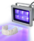 60W 405nm UV Resin Curing Light for SLA DLP 3D Printers illuminating 3D printed dental model