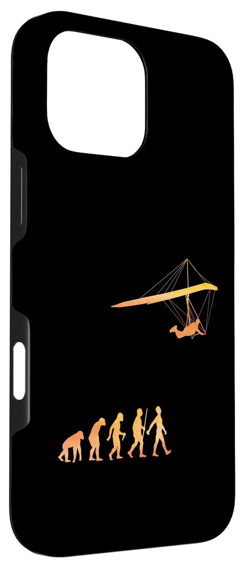 Hang Gliding Themed iPhone 16 Pro Max Case For Men And Women With Cool Hang Glider Art Protects Your Phone While Looking Sharp For Air Sports Fans Instructors And Outdoor Flyers Gift Idea. Black case with evolution of hang gliding design.